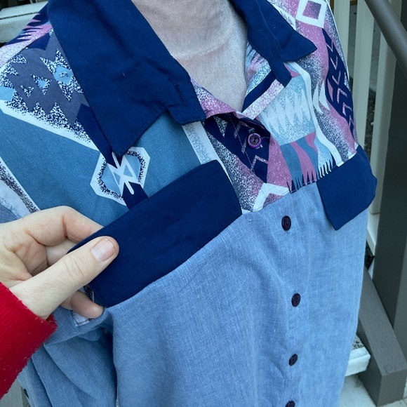 Vintage tapestry lightweight cotton denim aztec contrast collar & pocket flaps M - Picture 8 of 12